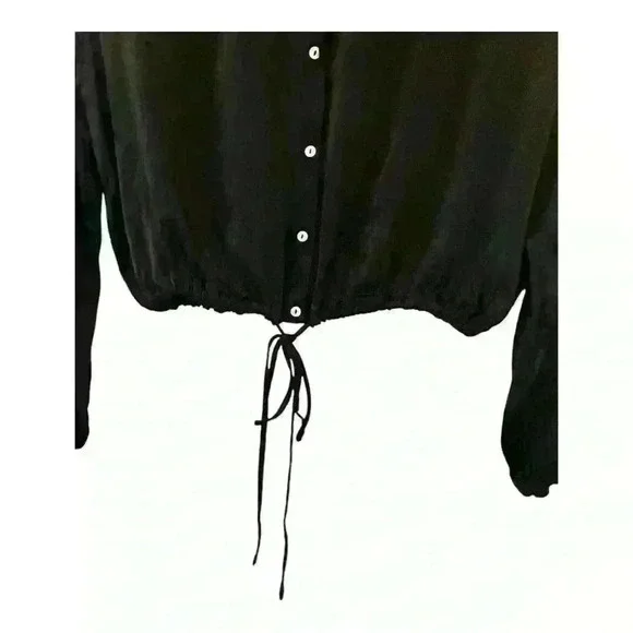 Zara black satin-like long sleeve button down top with drawstring, size M - Picture 3 of 6